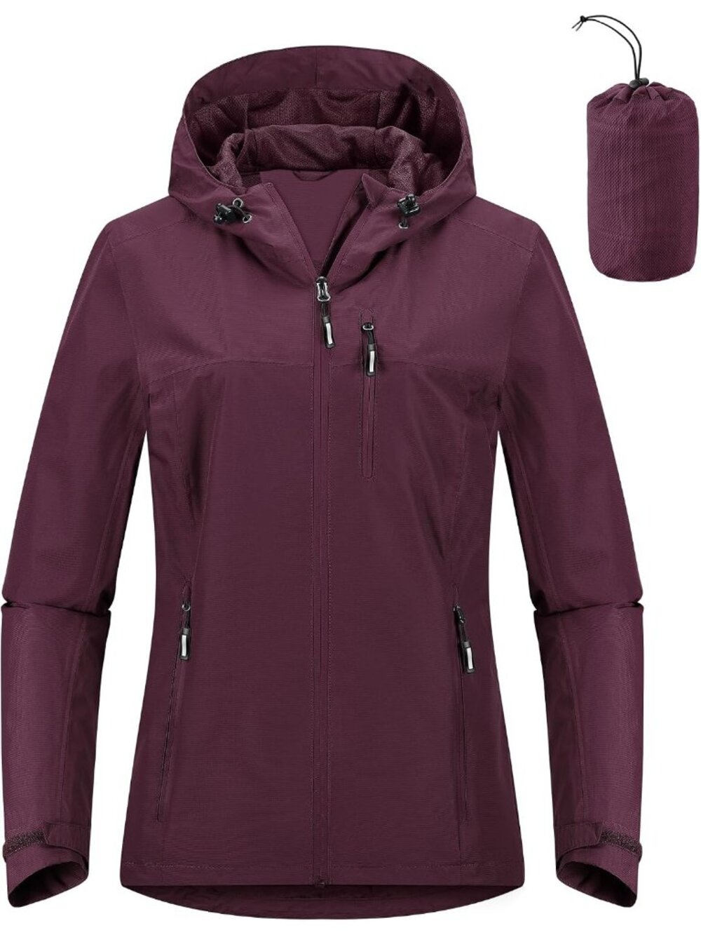 Women's Wine Red Mesh Lined Hooded Zipper Pockets Waterproof Packable Rain Coat